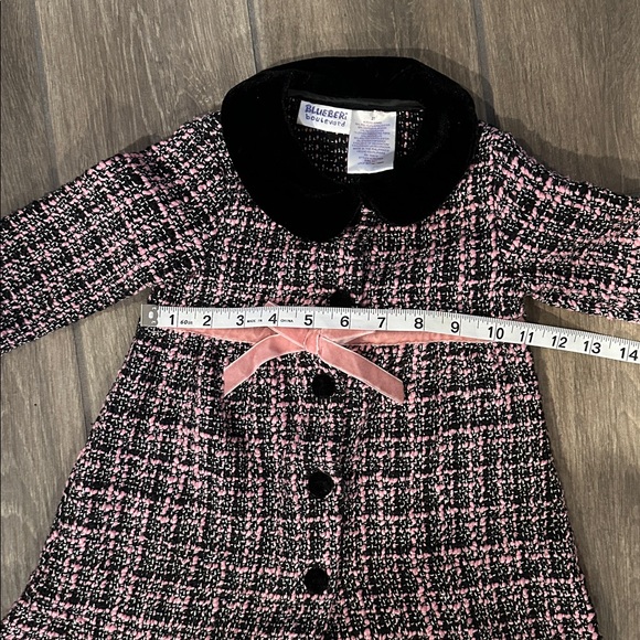 Blueberi Boulevard 2T Black, Pink Tweed Dress overcoat w/ black velvet buttons - Picture 5 of 8
